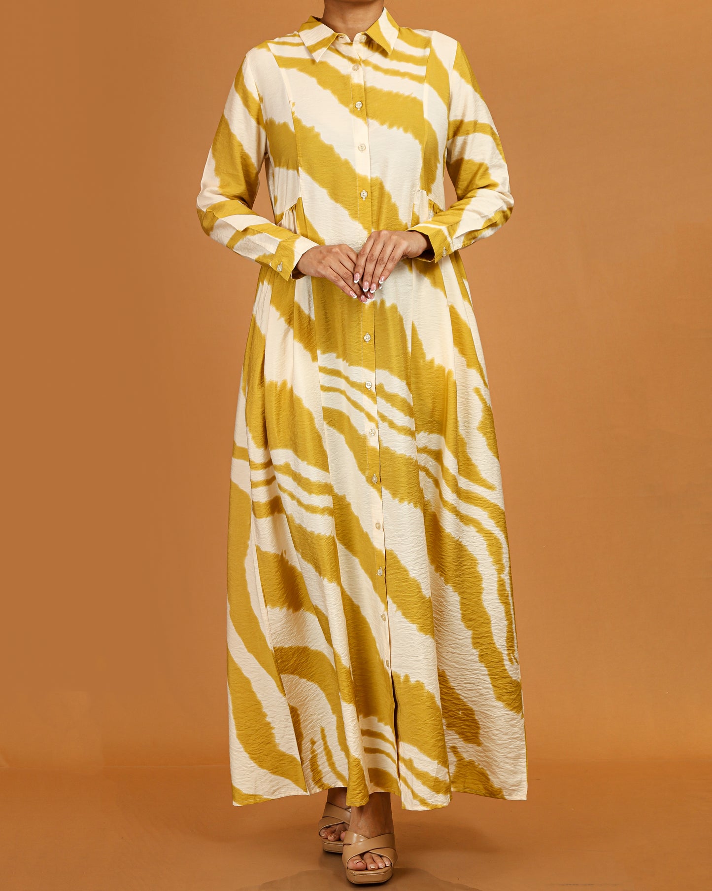 Zahra Mustard Abstract Button-Down Dress