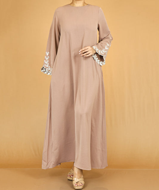 Mauve Brown Embroidered Bell-Sleeve Abaya