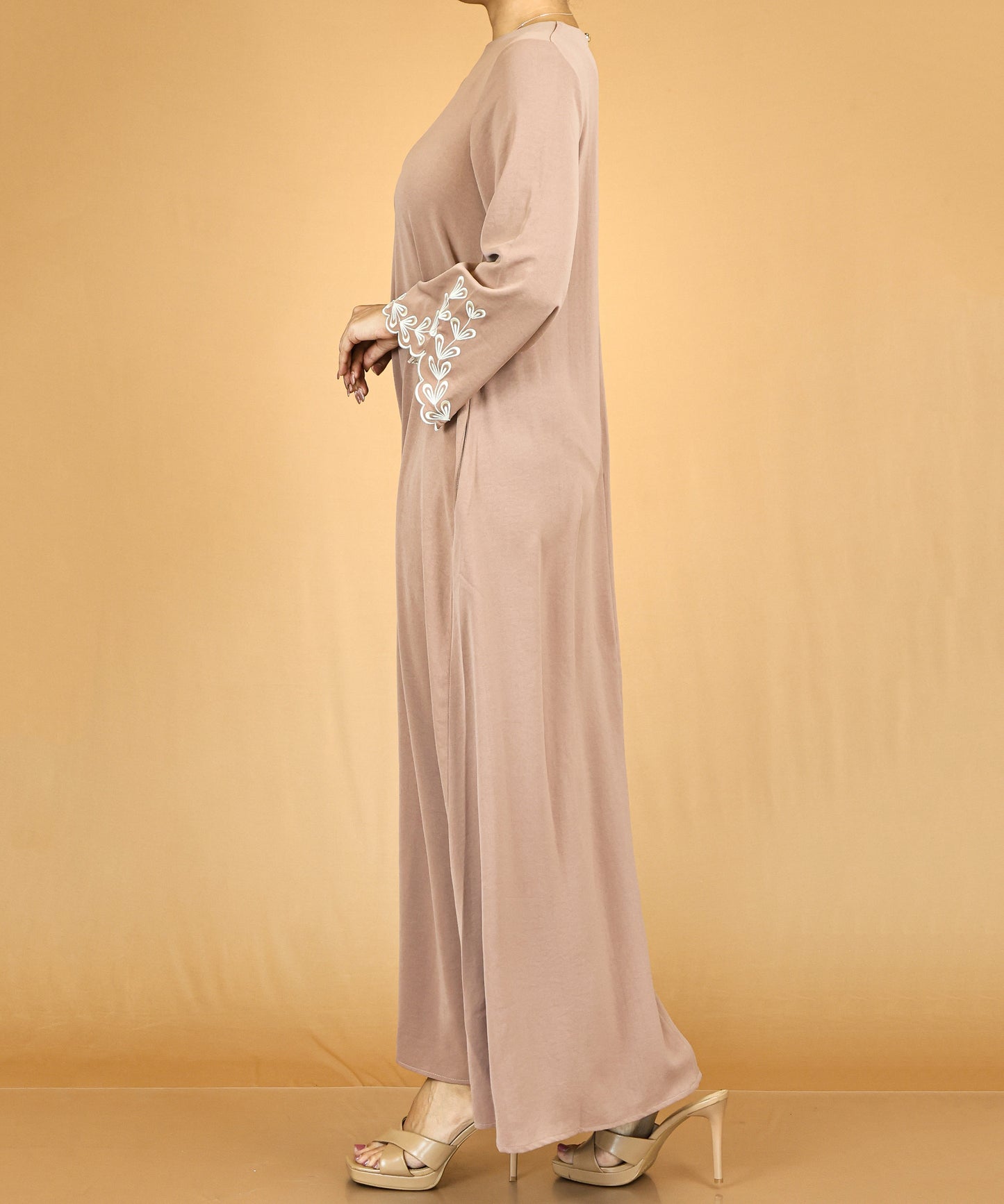 Mauve Brown Embroidered Bell-Sleeve Abaya
