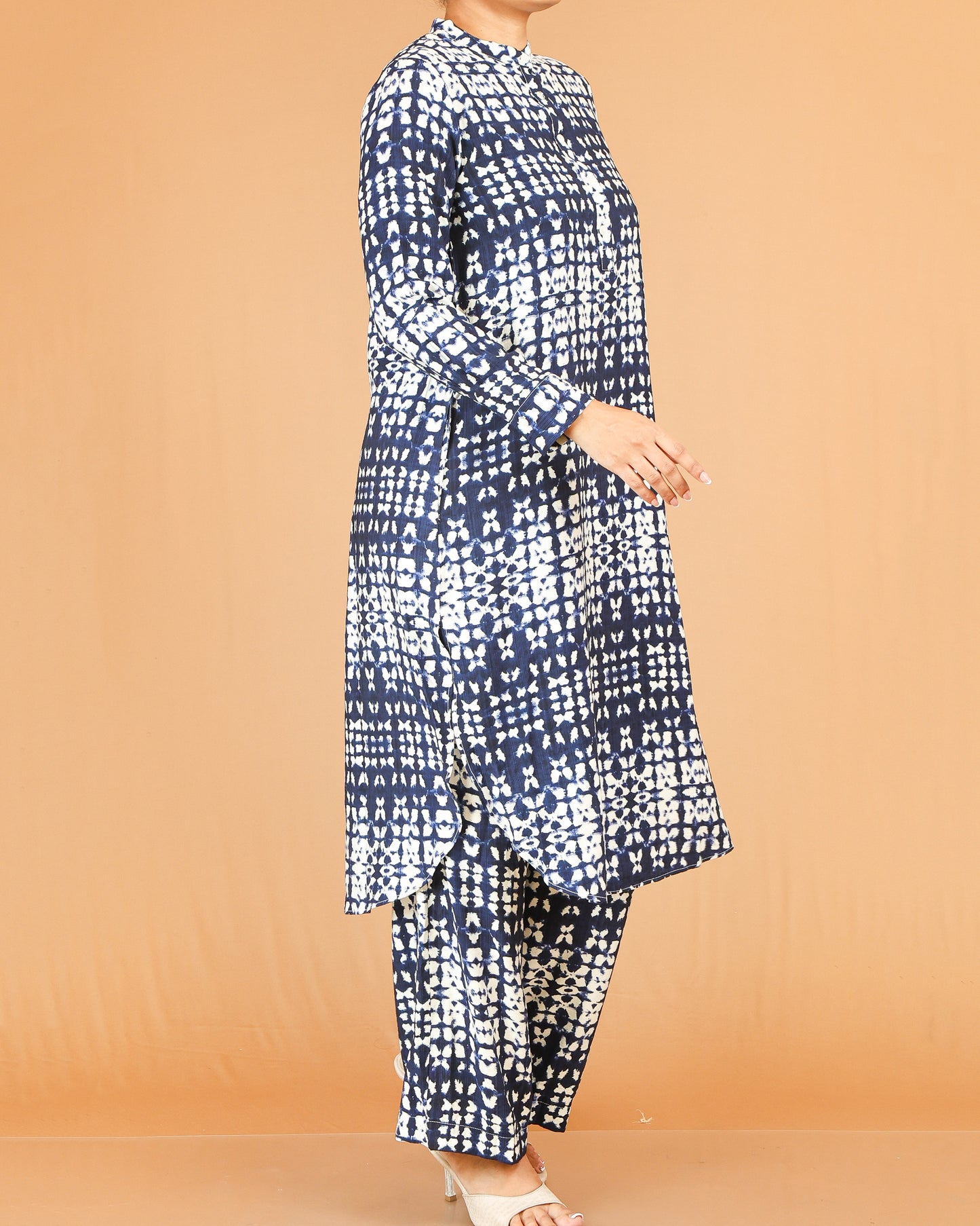Indigo Blue Printed Co-Ord Set with Mandarin Collar Top