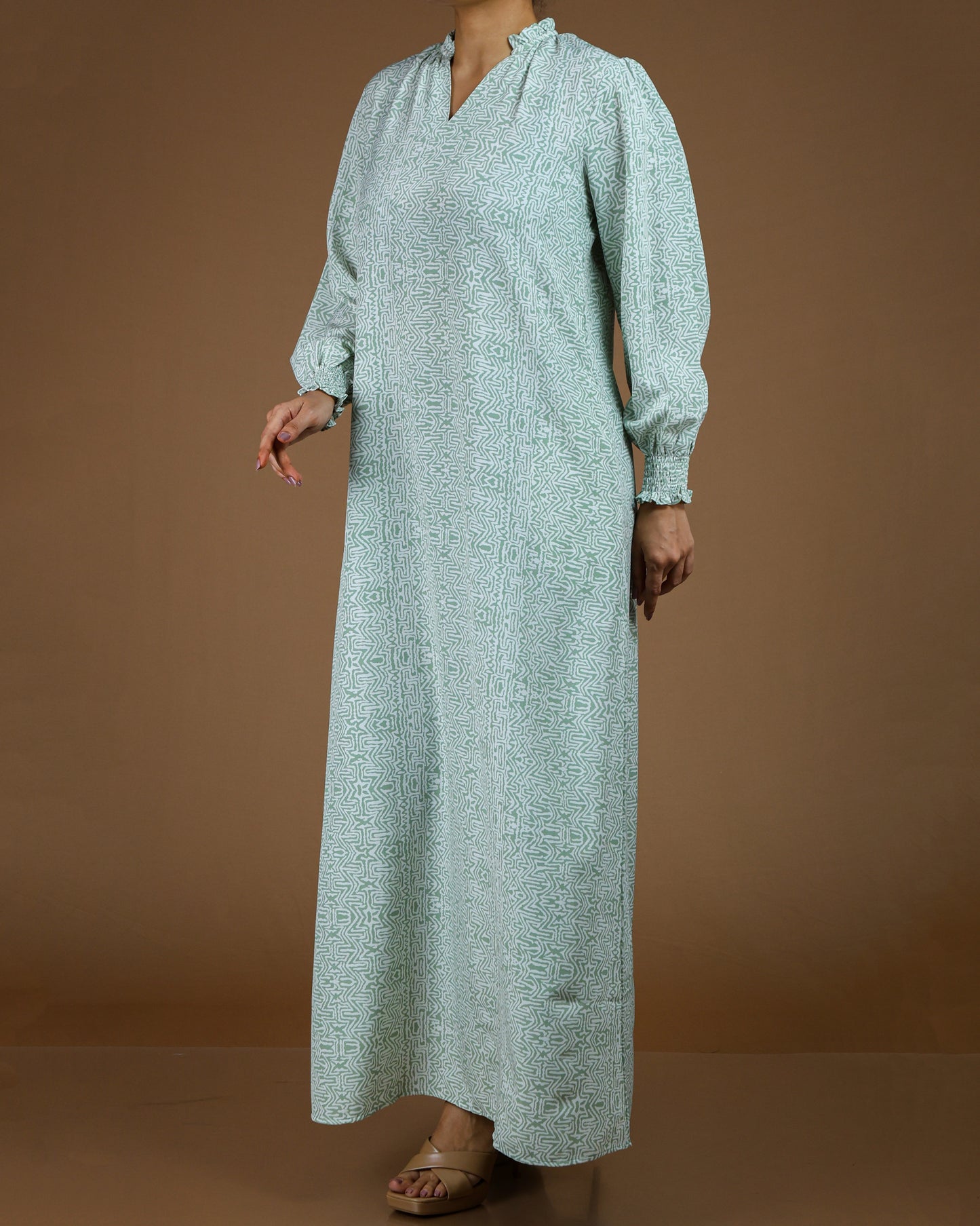 Elegant Printed Linen-Cotton Maxi Dress