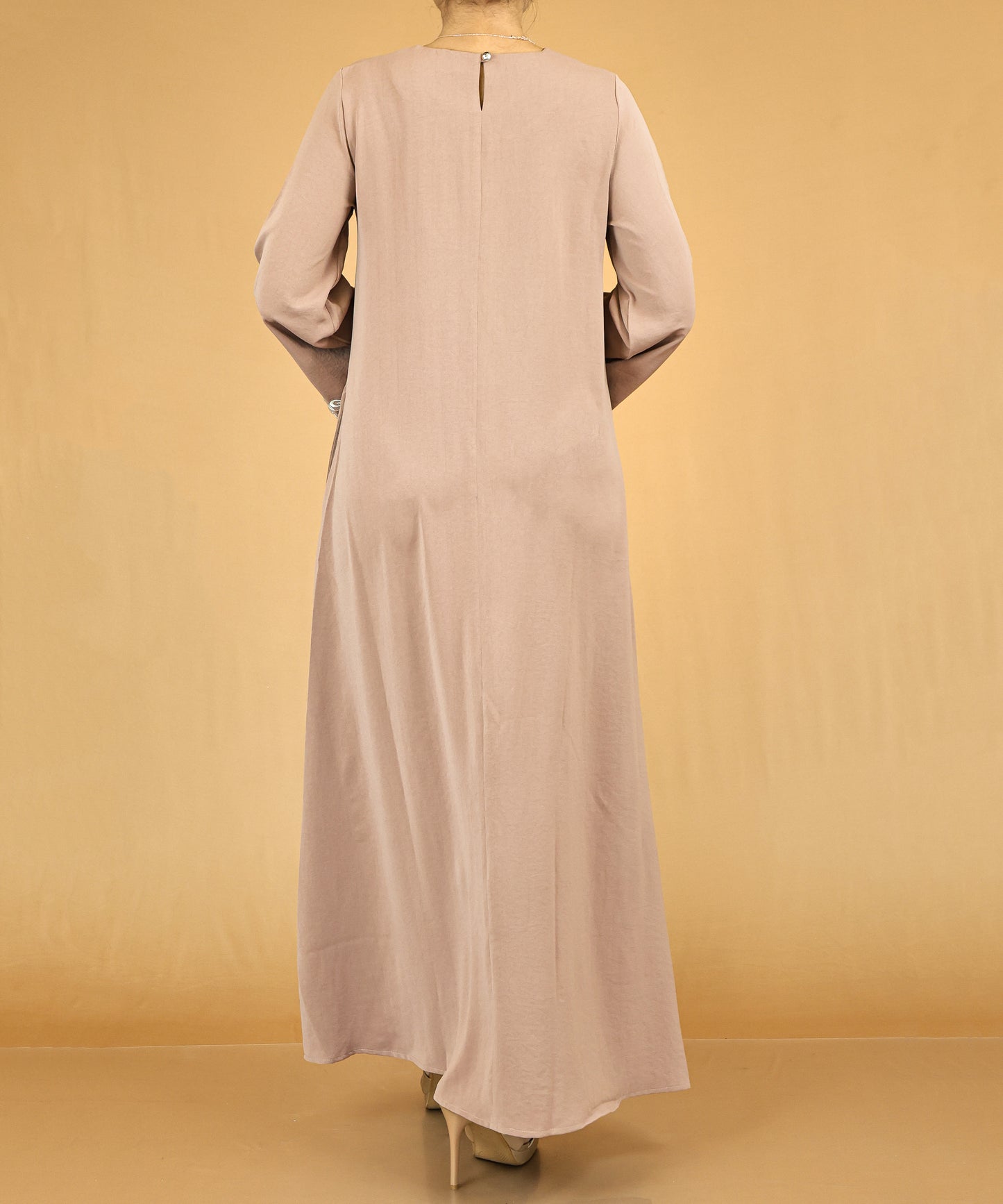 Mauve Brown Embroidered Bell-Sleeve Abaya