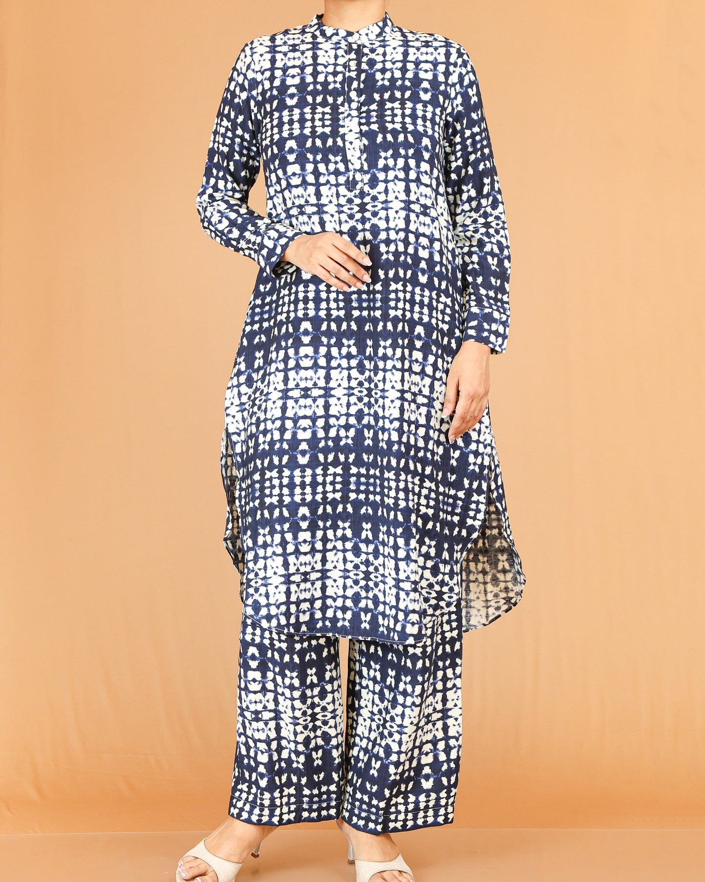 Indigo Blue Printed Co-Ord Set with Mandarin Collar Top