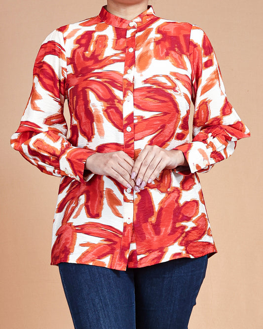 Abstract Bloom Button-Front Top – Red & White