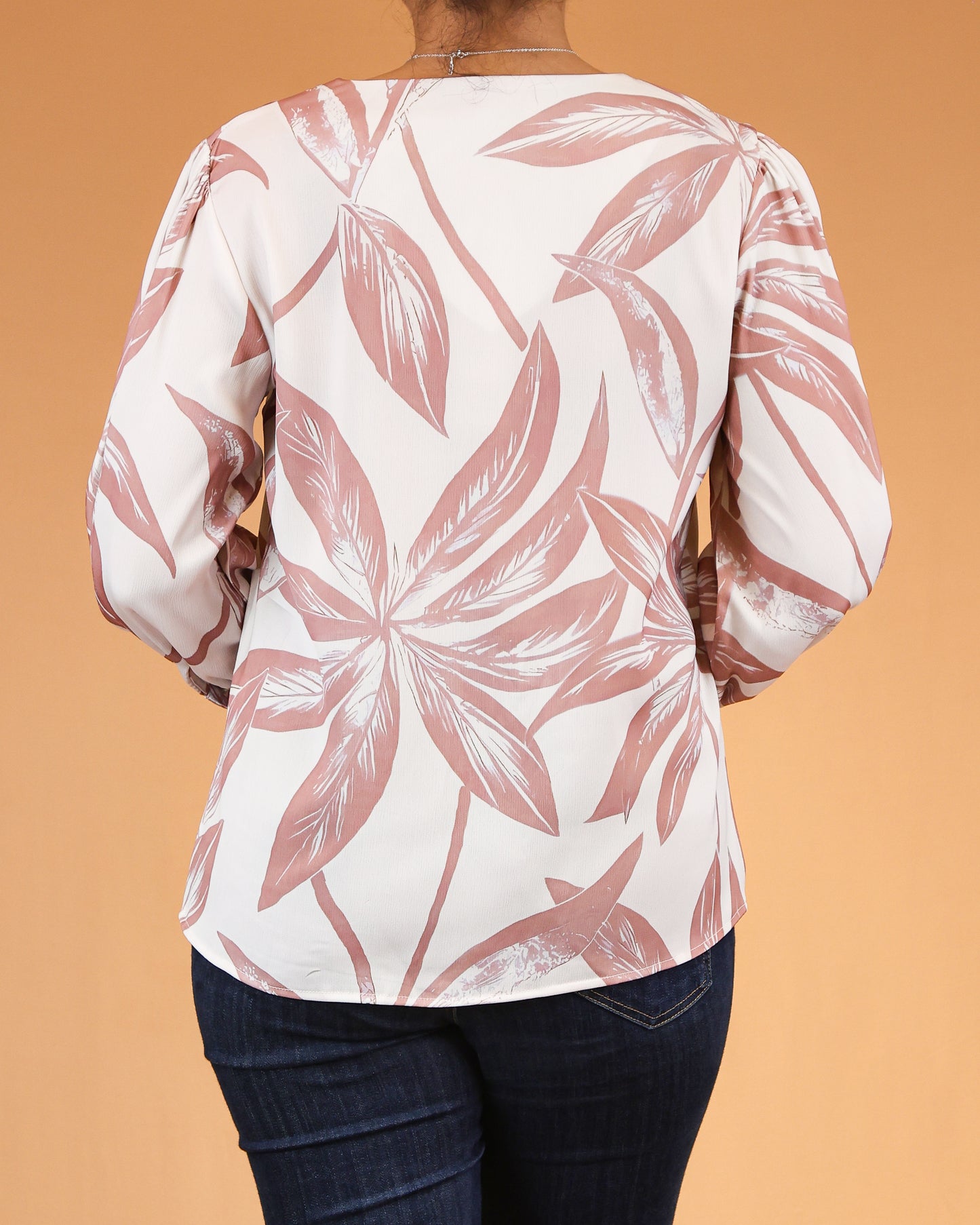 Blush Leaf-Print Long Sleeve Top