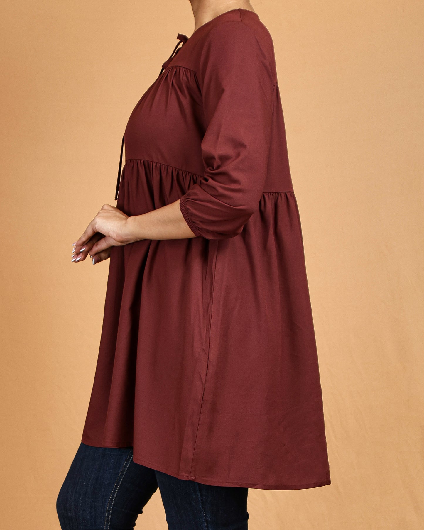 Tiered Tie-Neck Modest Top – Deep Maroon