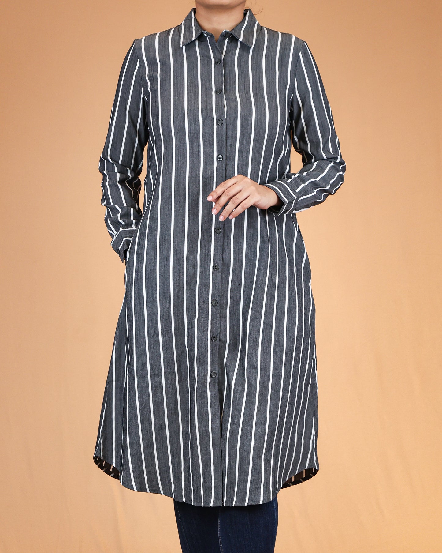 Charcoal Blue Striped Shirt Dress with Classic Collar