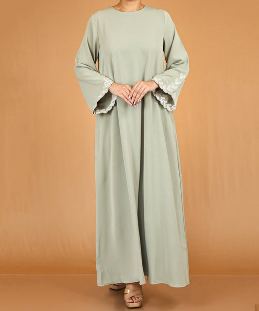 Sage Green Embroidered Bell-Sleeve Abaya