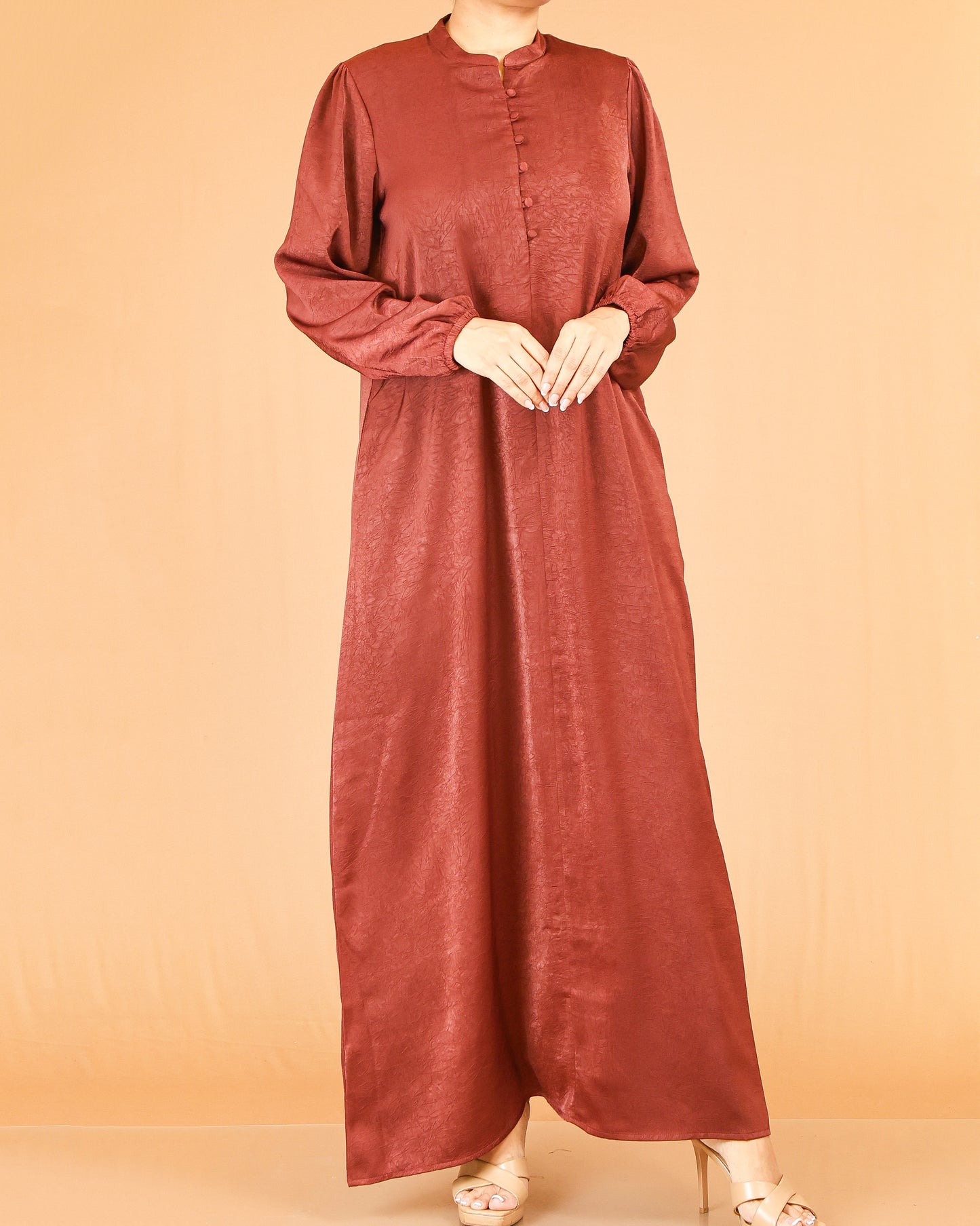 Rust Red Mandarin Collar Abaya with Button Placket Detail
