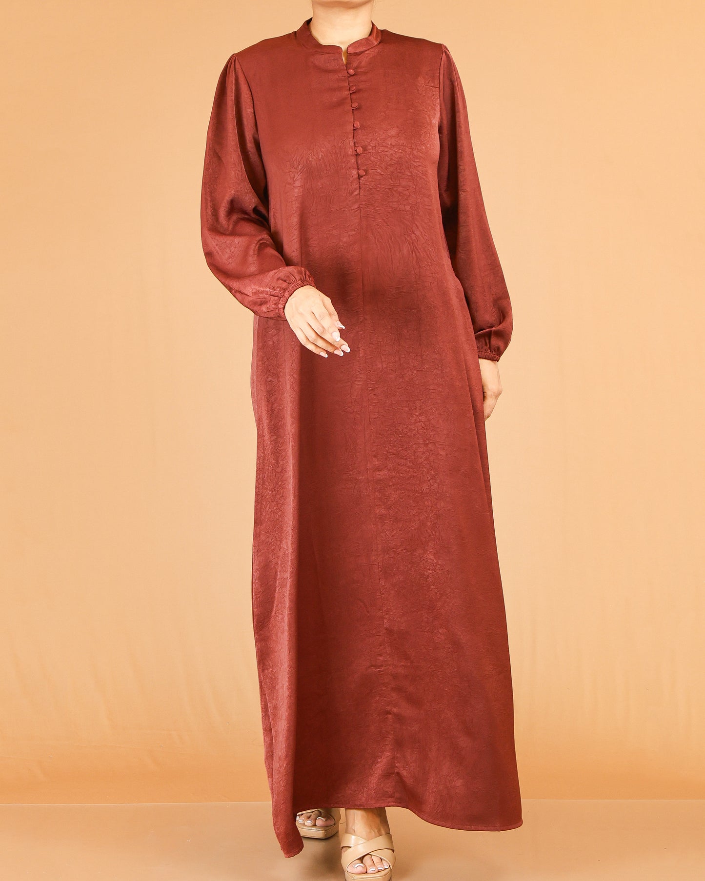 Rust Red Mandarin Collar Abaya with Button Placket Detail