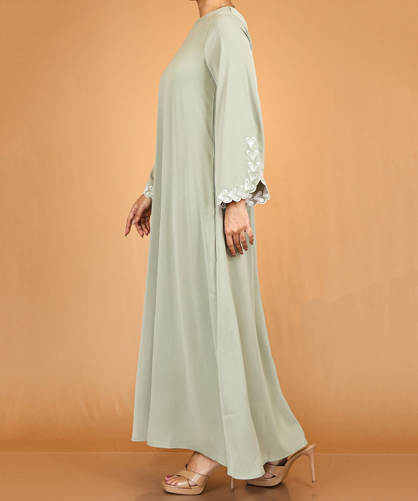 Sage Green Embroidered Bell-Sleeve Abaya