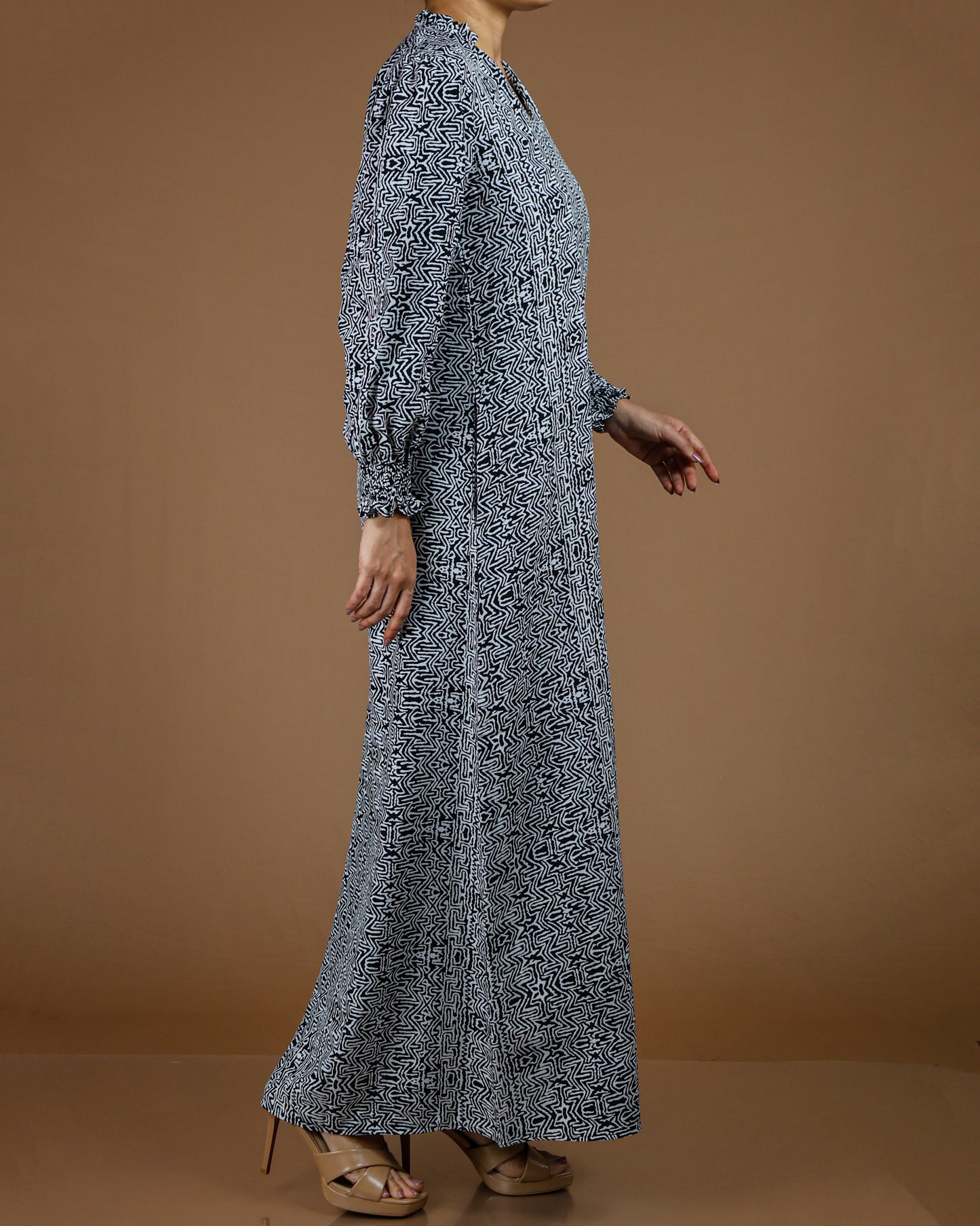 Elegant Printed Linen-Cotton Maxi Dress