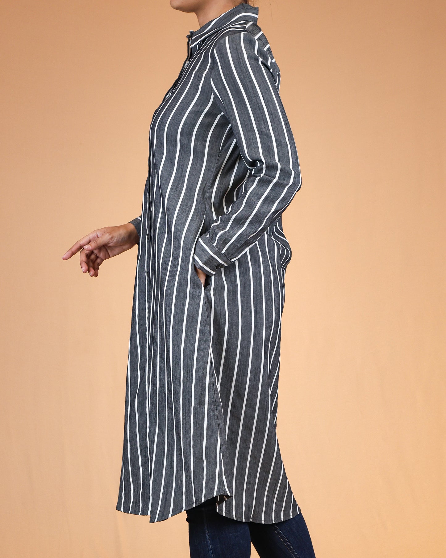 Charcoal Blue Striped Shirt Dress with Classic Collar