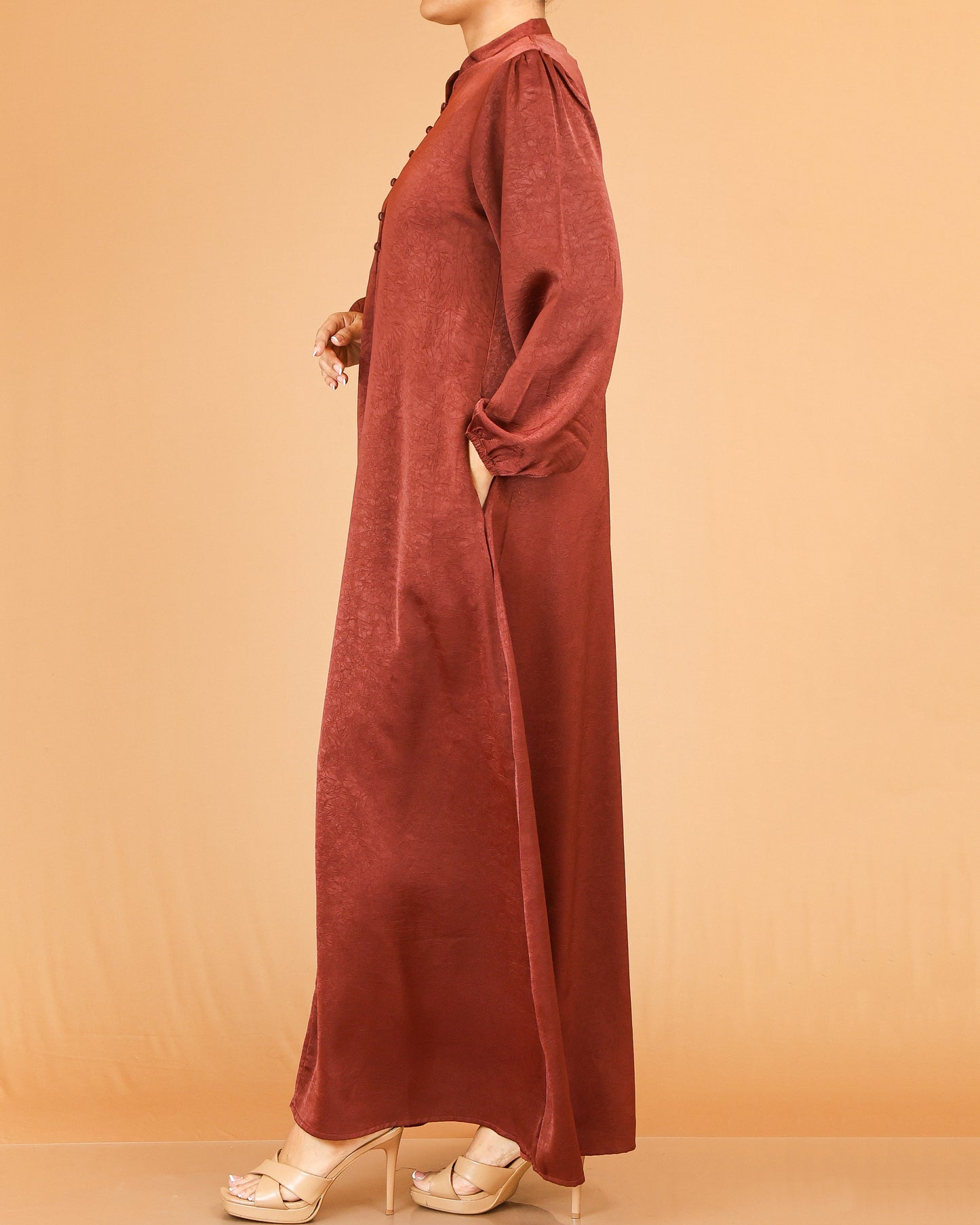 Rust Red Mandarin Collar Abaya with Button Placket Detail