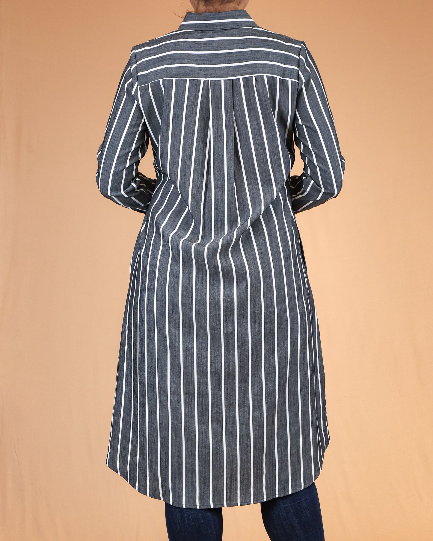 Charcoal Blue Striped Shirt Dress with Classic Collar