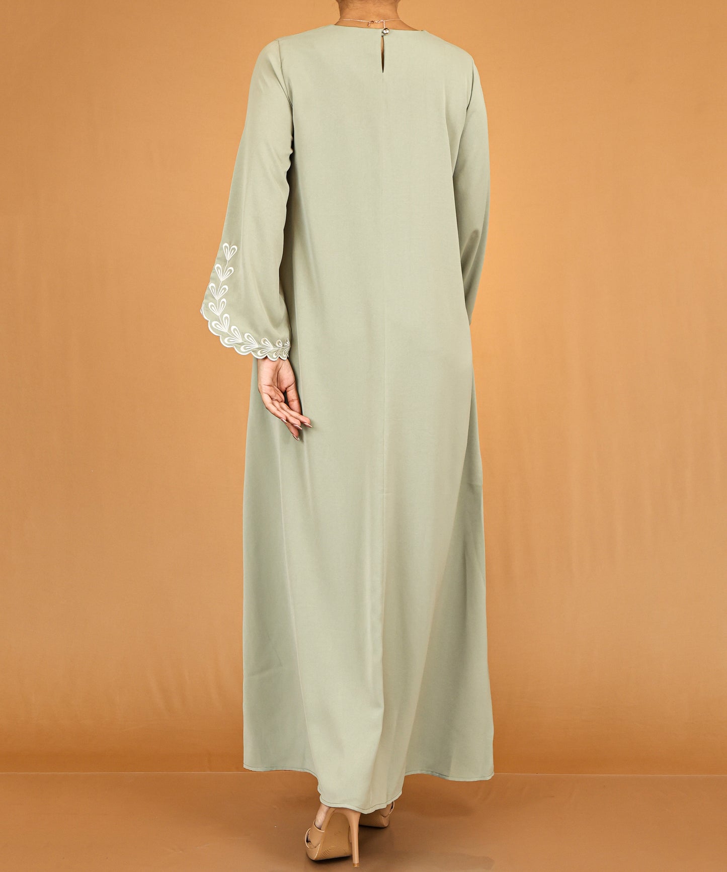 Sage Green Embroidered Bell-Sleeve Abaya