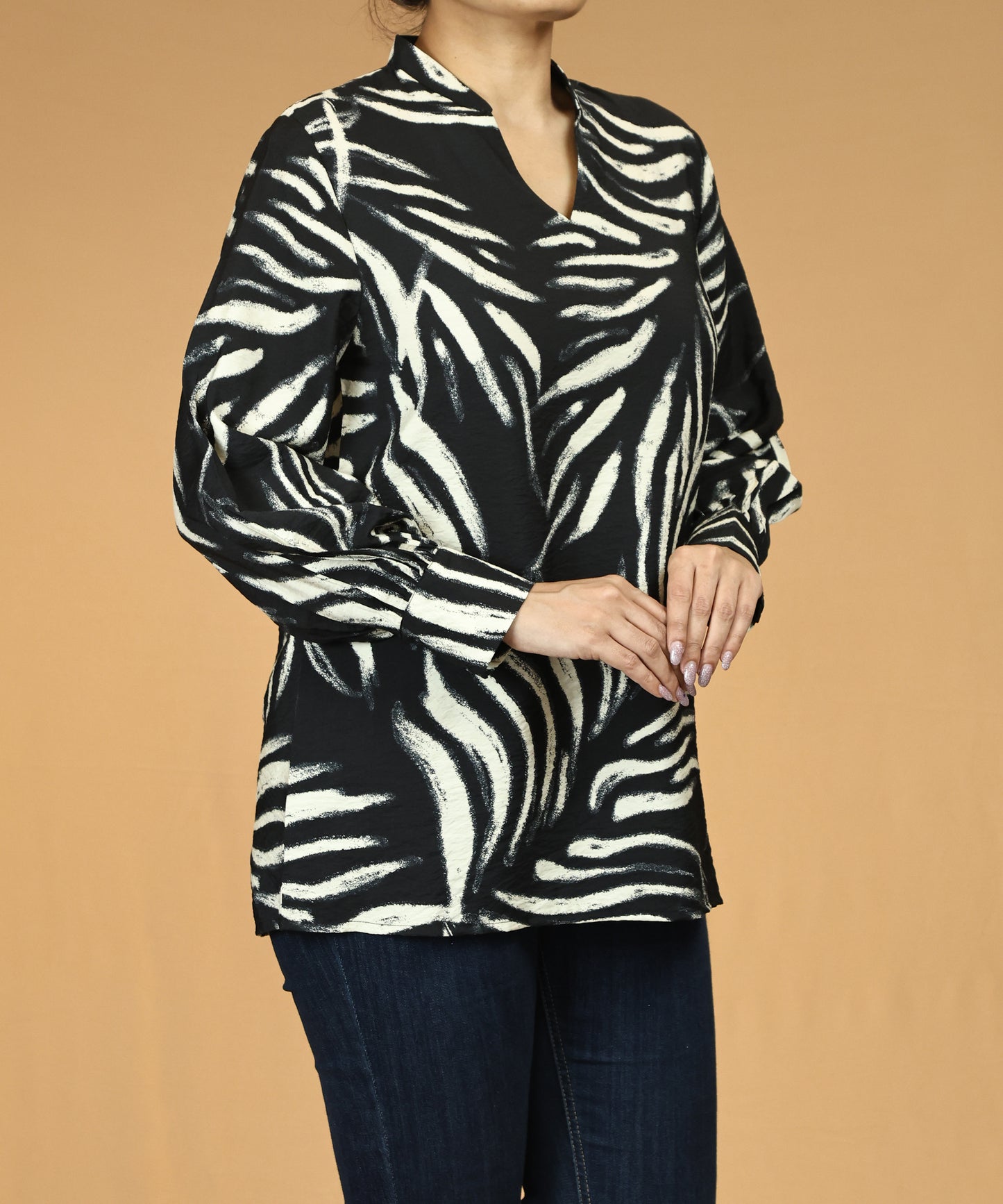 Black Textured Print Long Sleeve Top