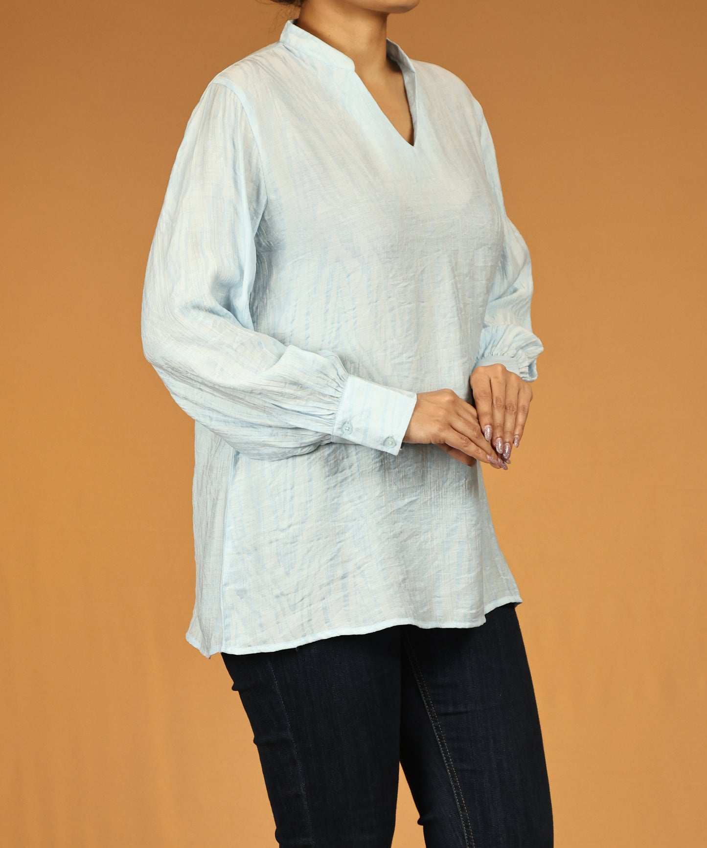 Light Blue Textured Long Sleeve Tunic Top