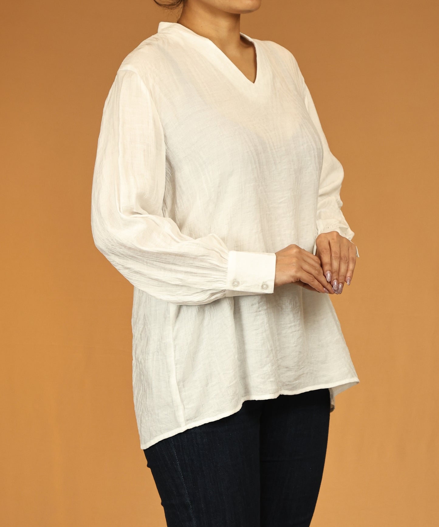 White Textured Long Sleeve Tunic Top