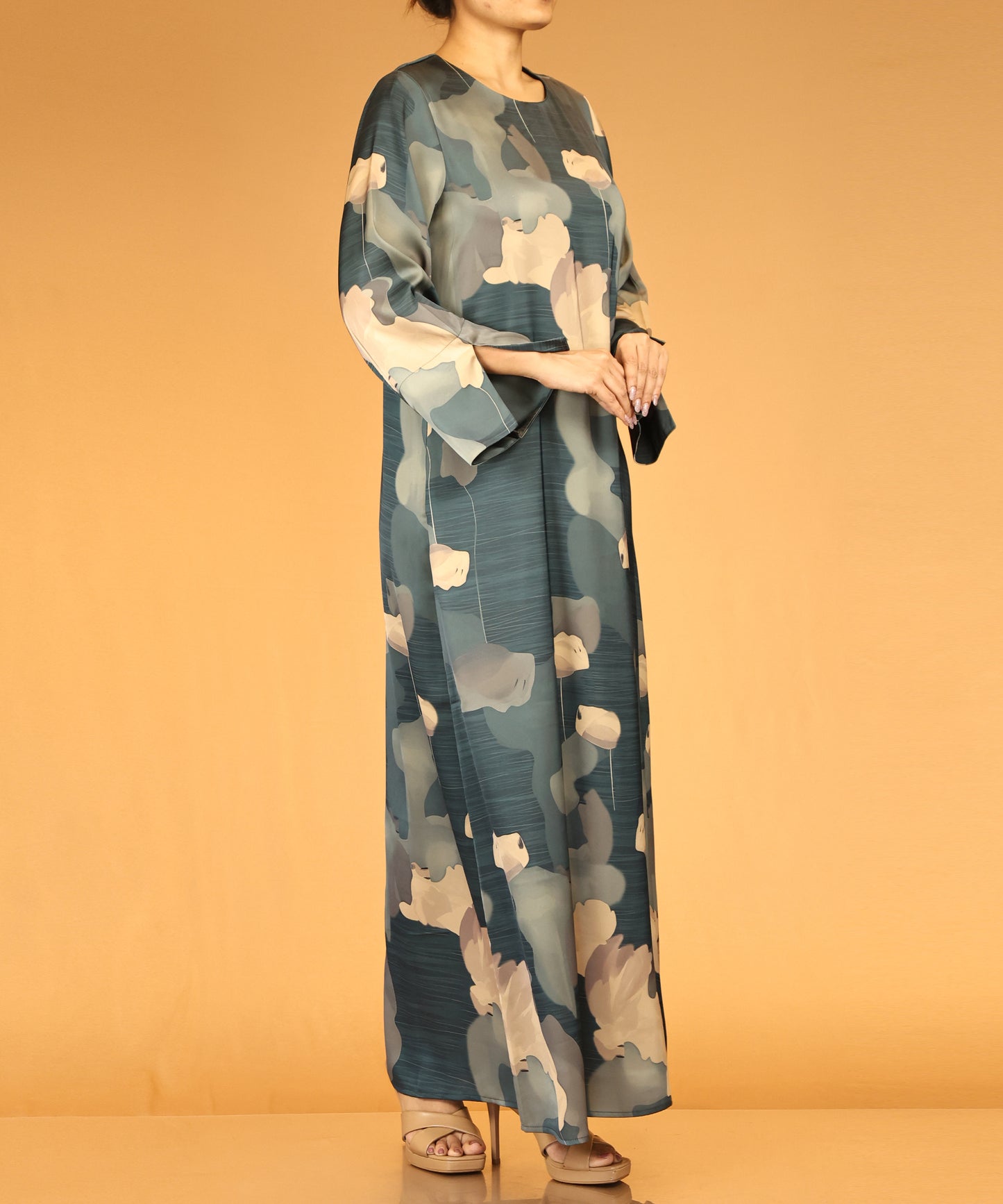 Floral Abstract Print Abaya – Teal Blue