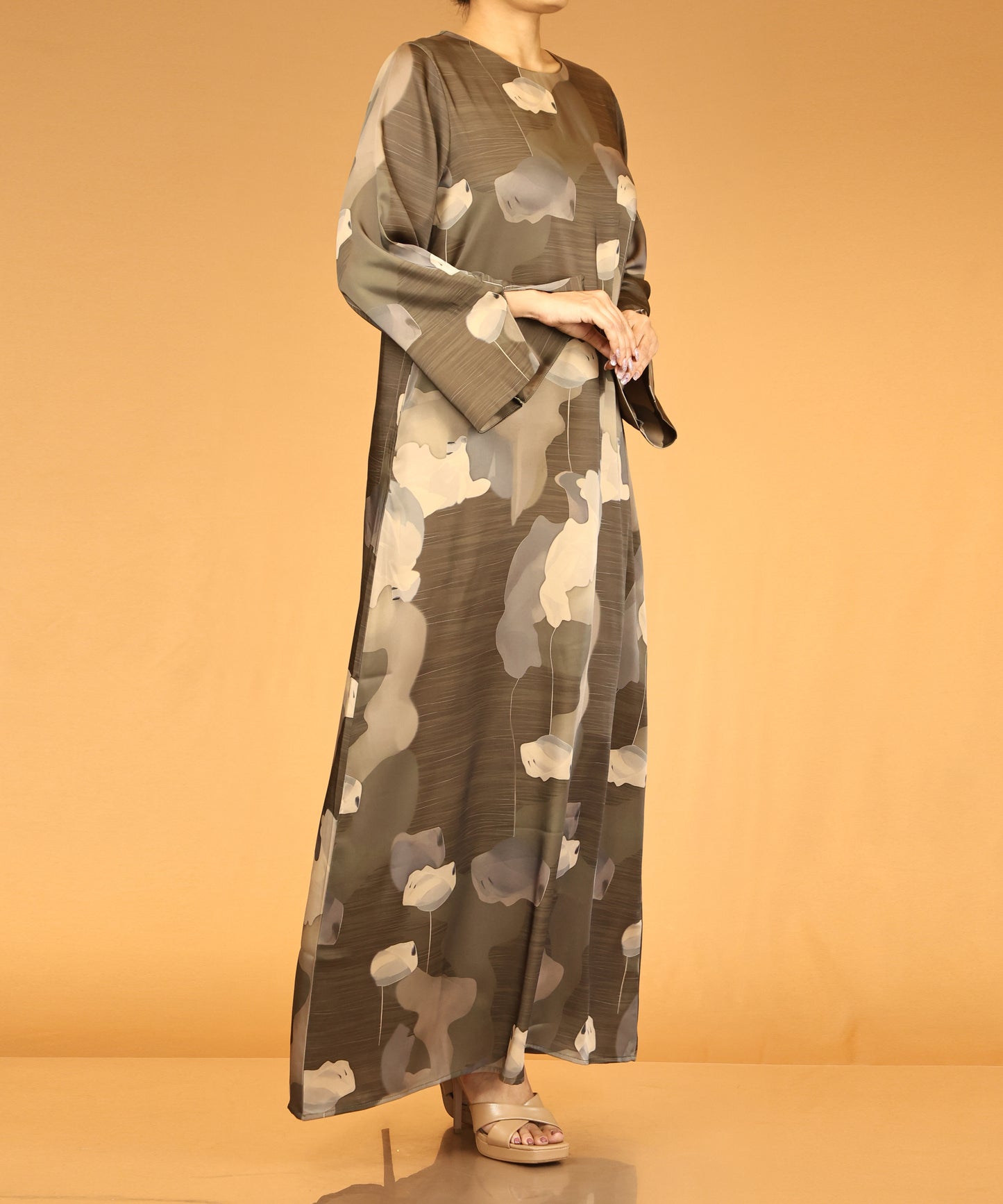 Floral Abstract Print Abaya – Olive Green