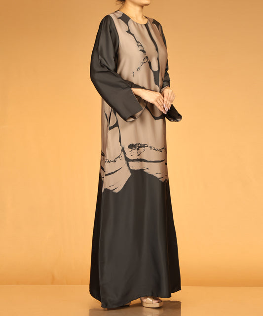 Dark Charcoal Abstract Print Long Maxi Abaya