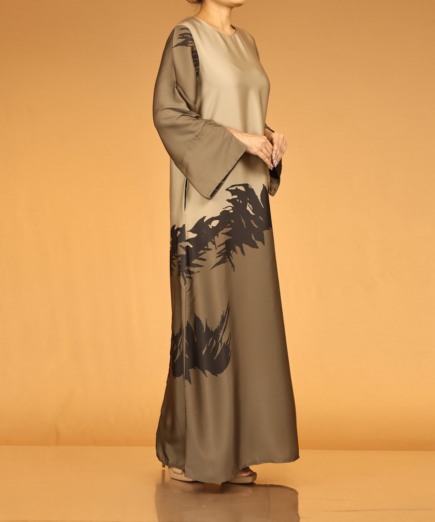 Taupe & Beige Abstract Print Long Maxi Dress