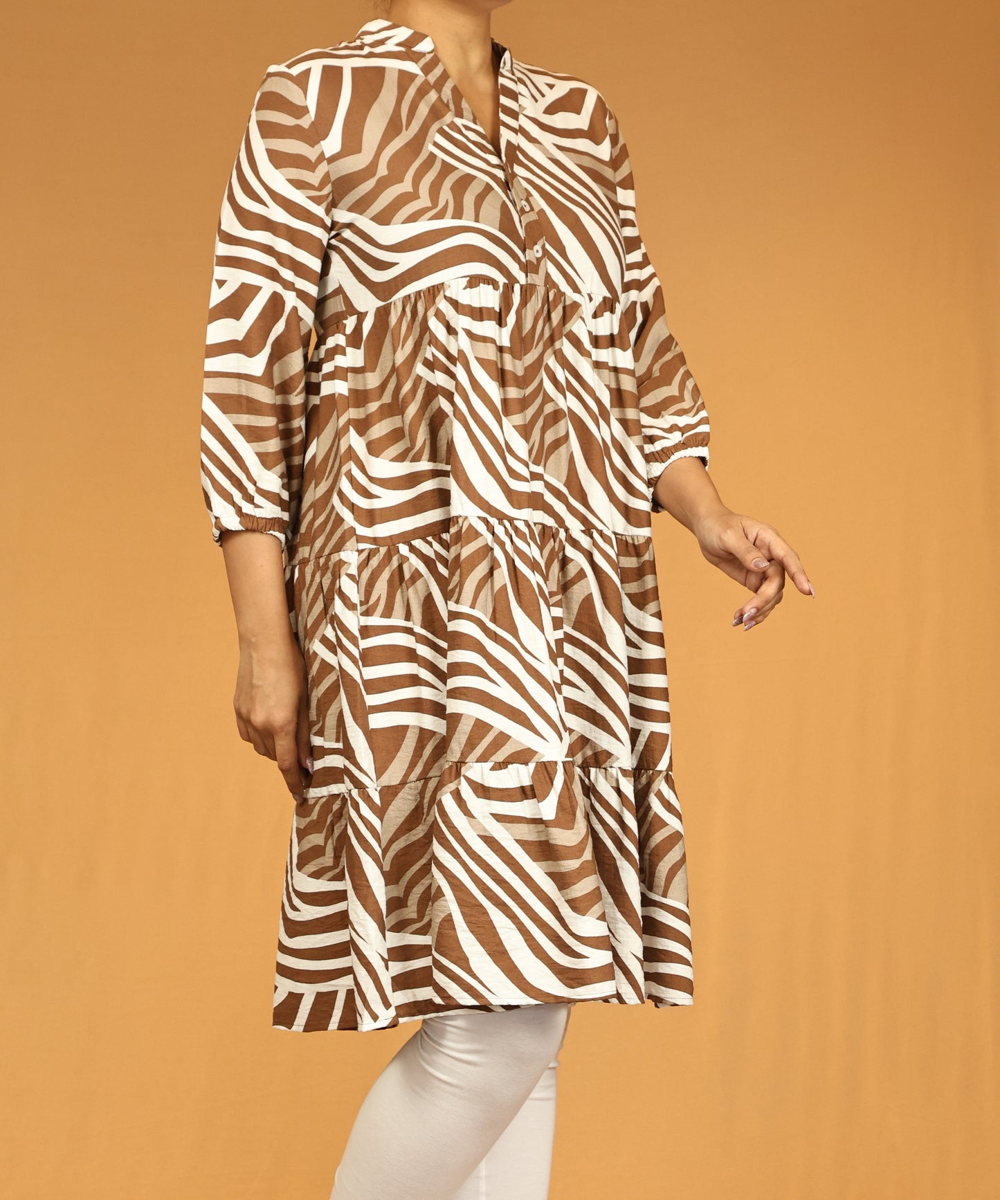Brown Zebra Print Tiered Long Tunic Dress
