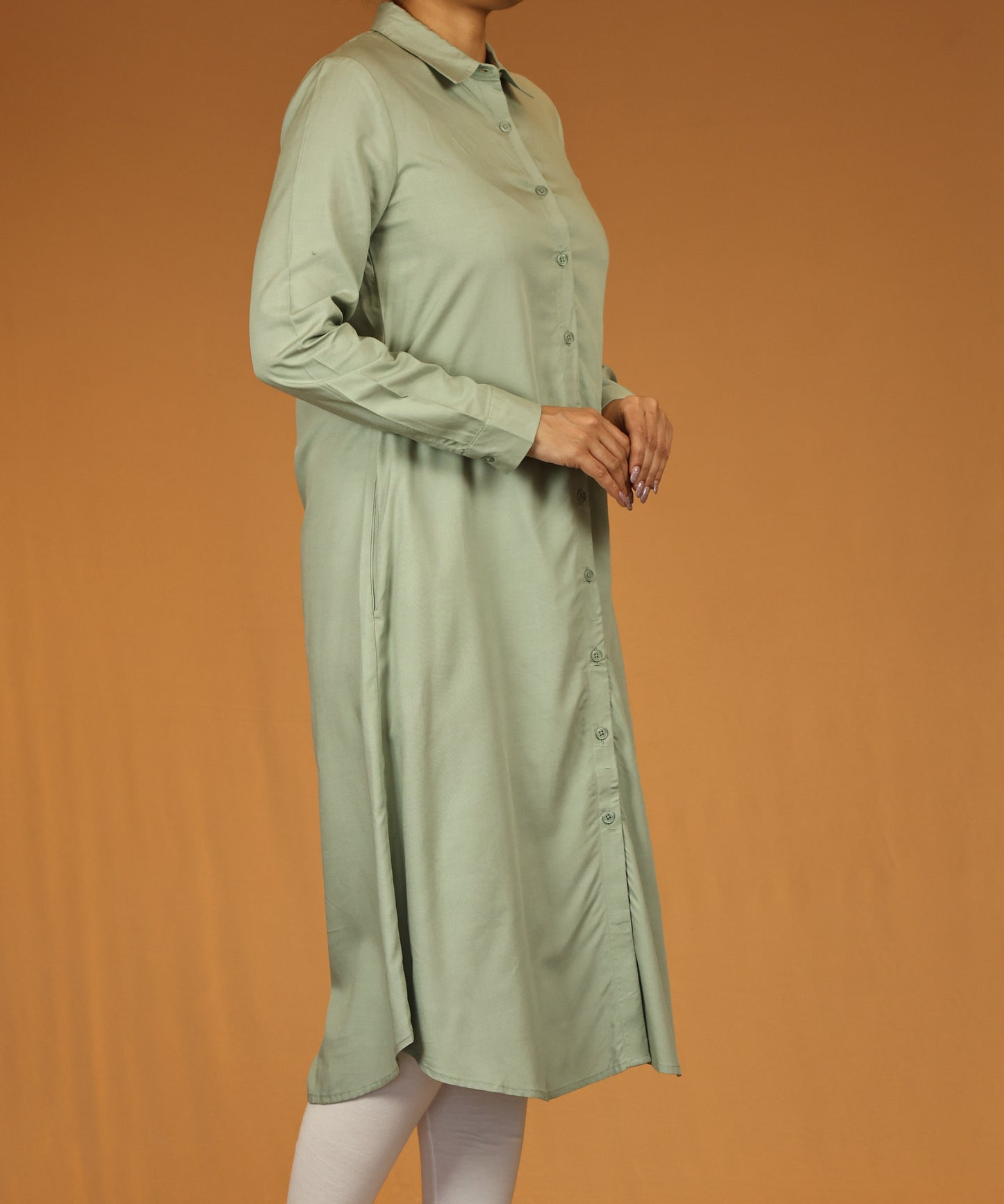 Sage Green Button-Down Long Shirt Dress