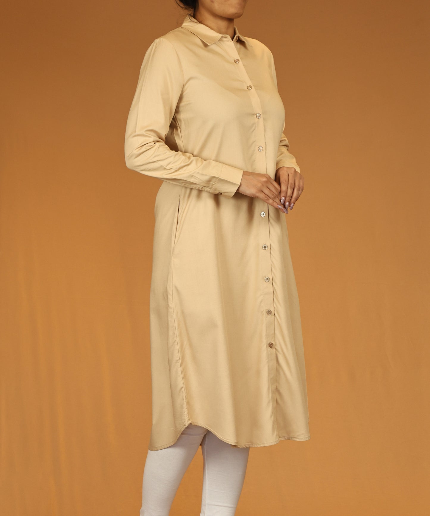 Beige Button-Down Long Shirt Dress