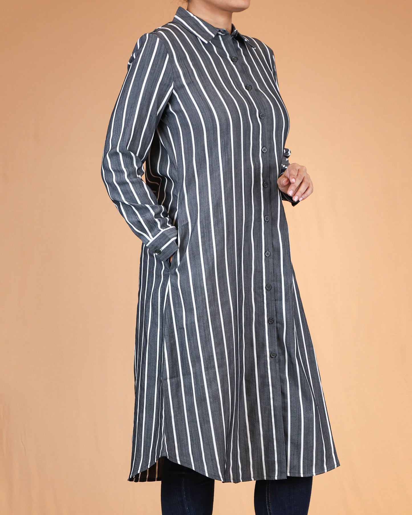 Charcoal Blue Striped Shirt Dress with Classic Collar