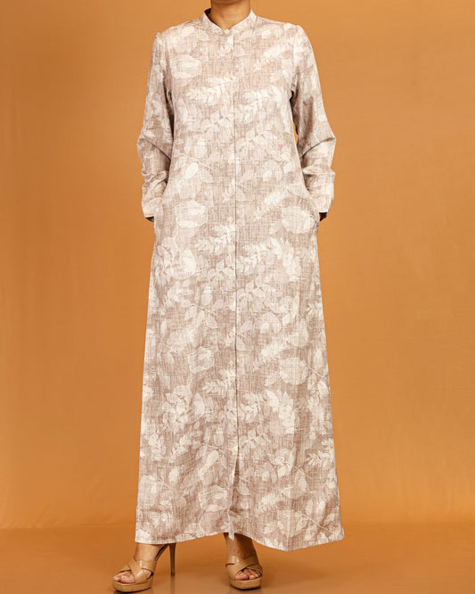Soft Botanical Button-Down Maxi – Beige