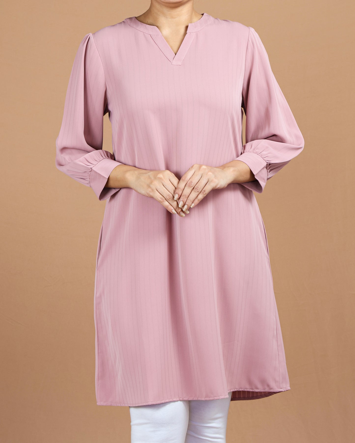 V-Neck Knee-Length Top – Soft Polyester Elegance