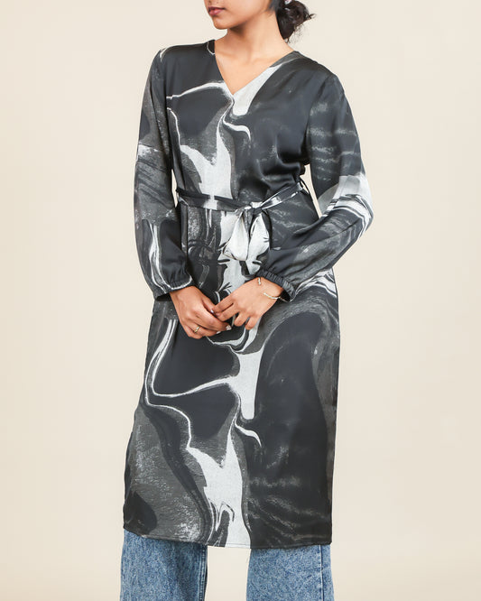Monochrome Marble Flow Belted Top