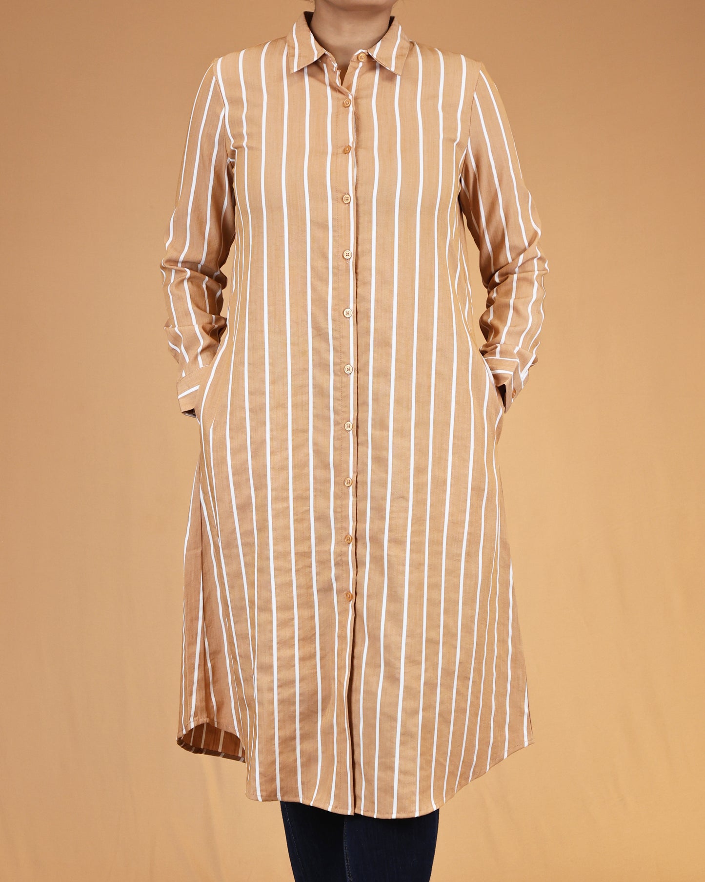 Warm Sand Striped Shirt Dress with Classic Collar