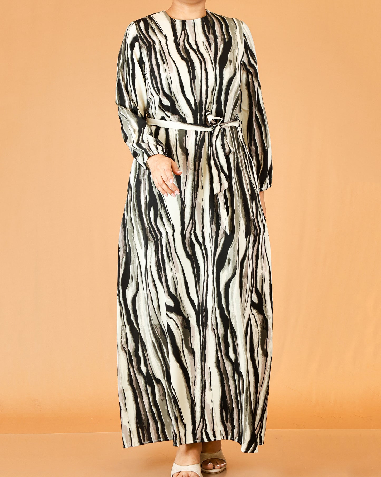 Waist Tie Belt Long Sleeve Neutral Zebra Print Maxi Dress