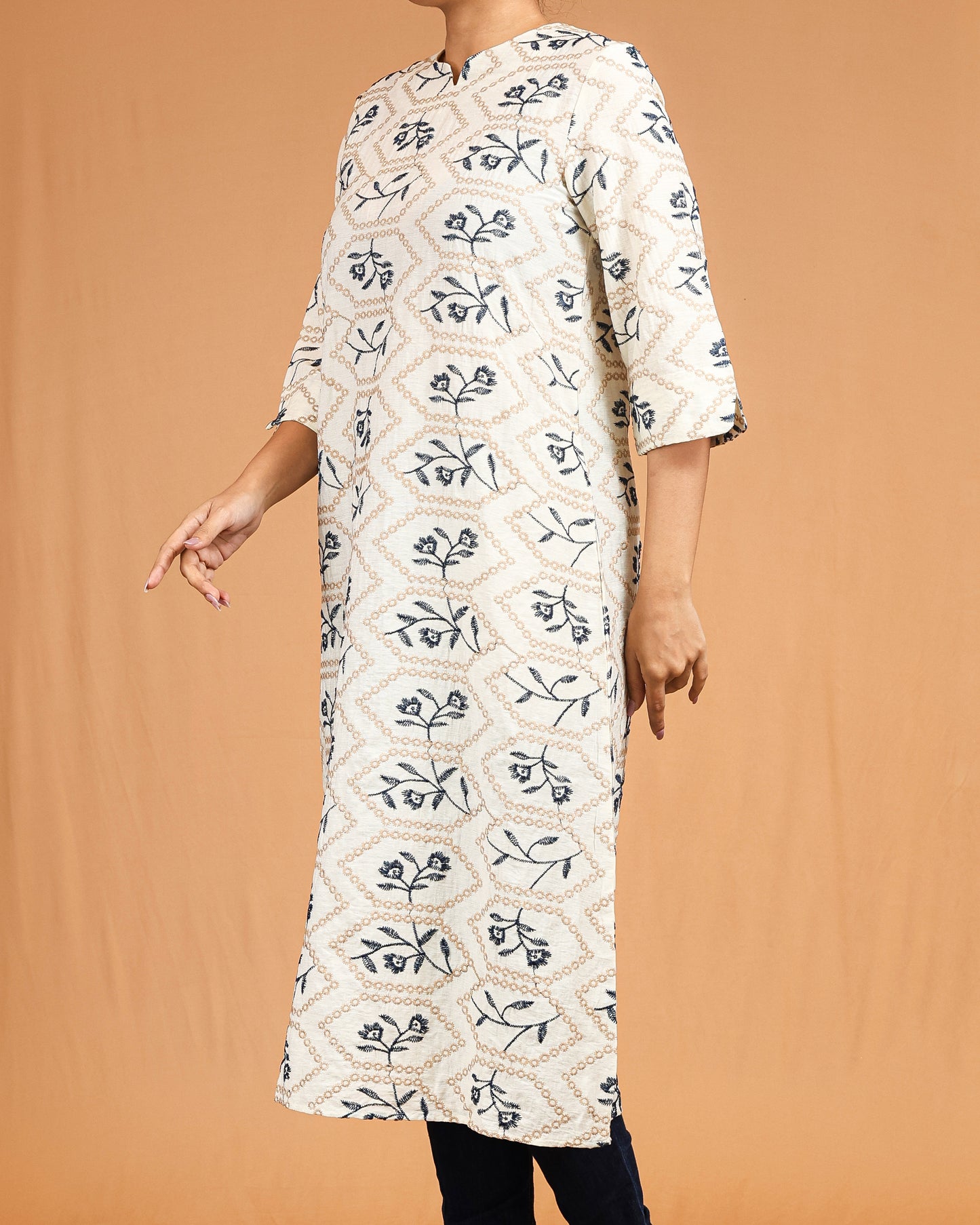 Geometric Floral Printed Midi – Cream & Navy