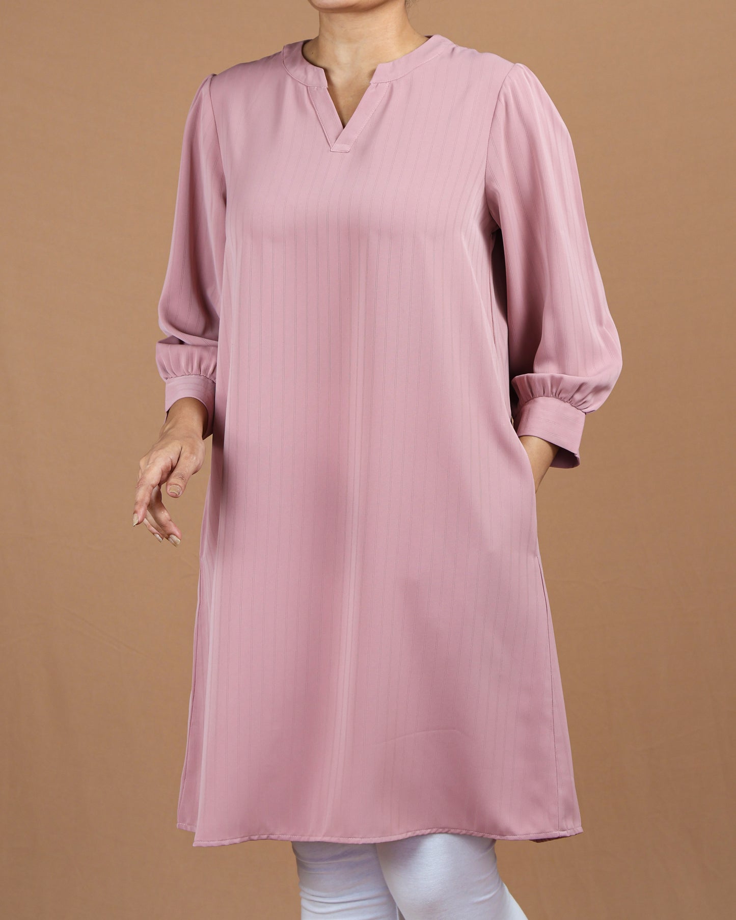 V-Neck Knee-Length Top – Soft Polyester Elegance