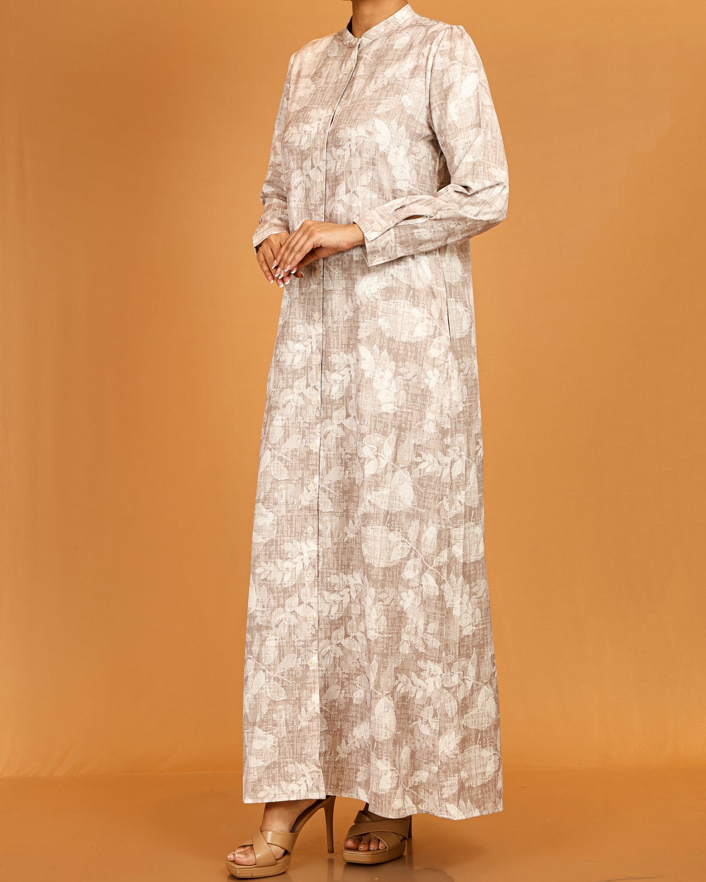 Soft Botanical Button-Down Maxi – Beige