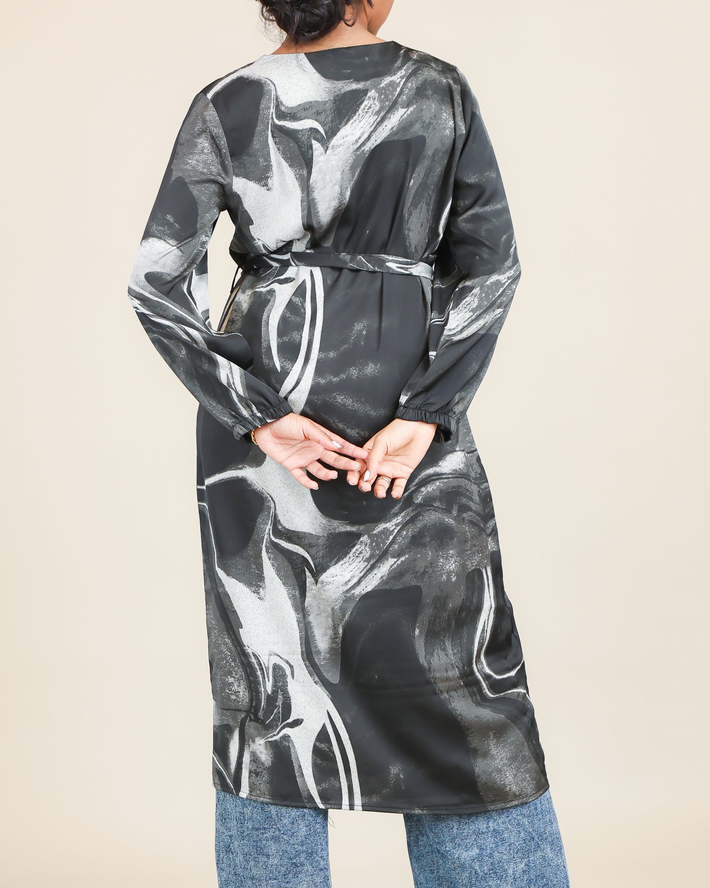 Monochrome Marble Flow Belted Top