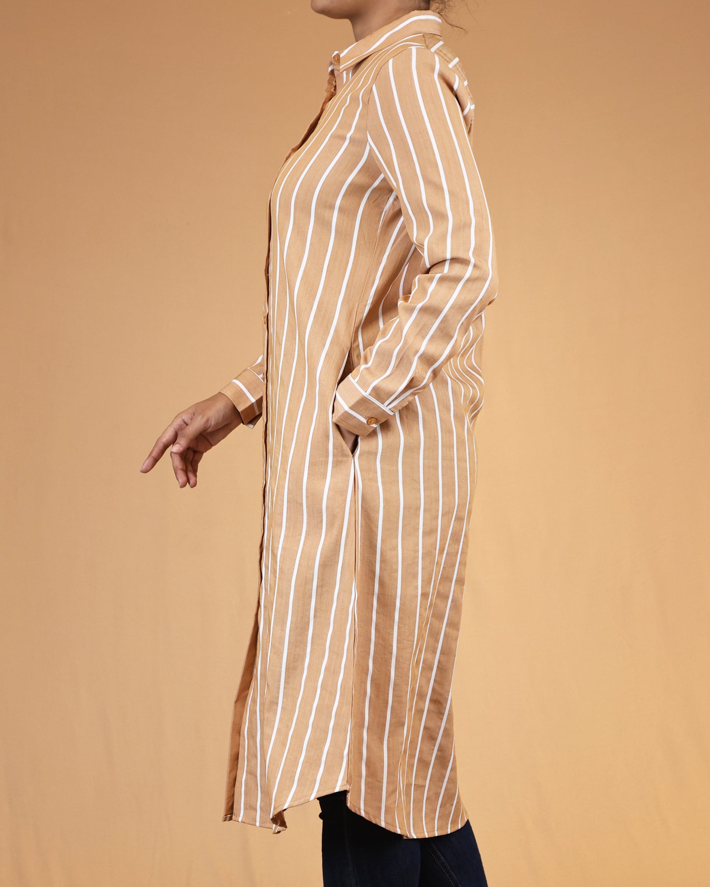 Warm Sand Striped Shirt Dress with Classic Collar
