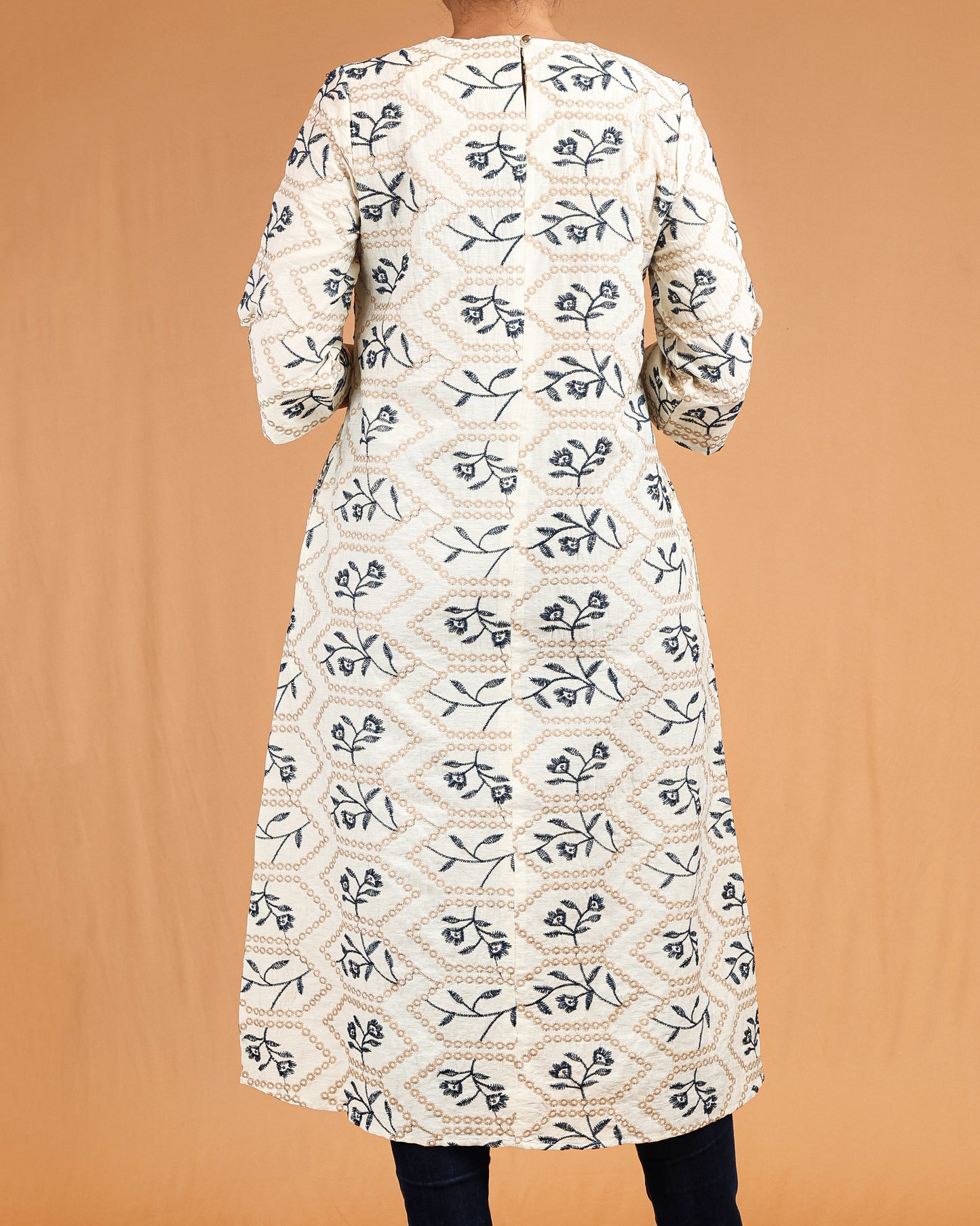Geometric Floral Printed Midi – Cream & Navy