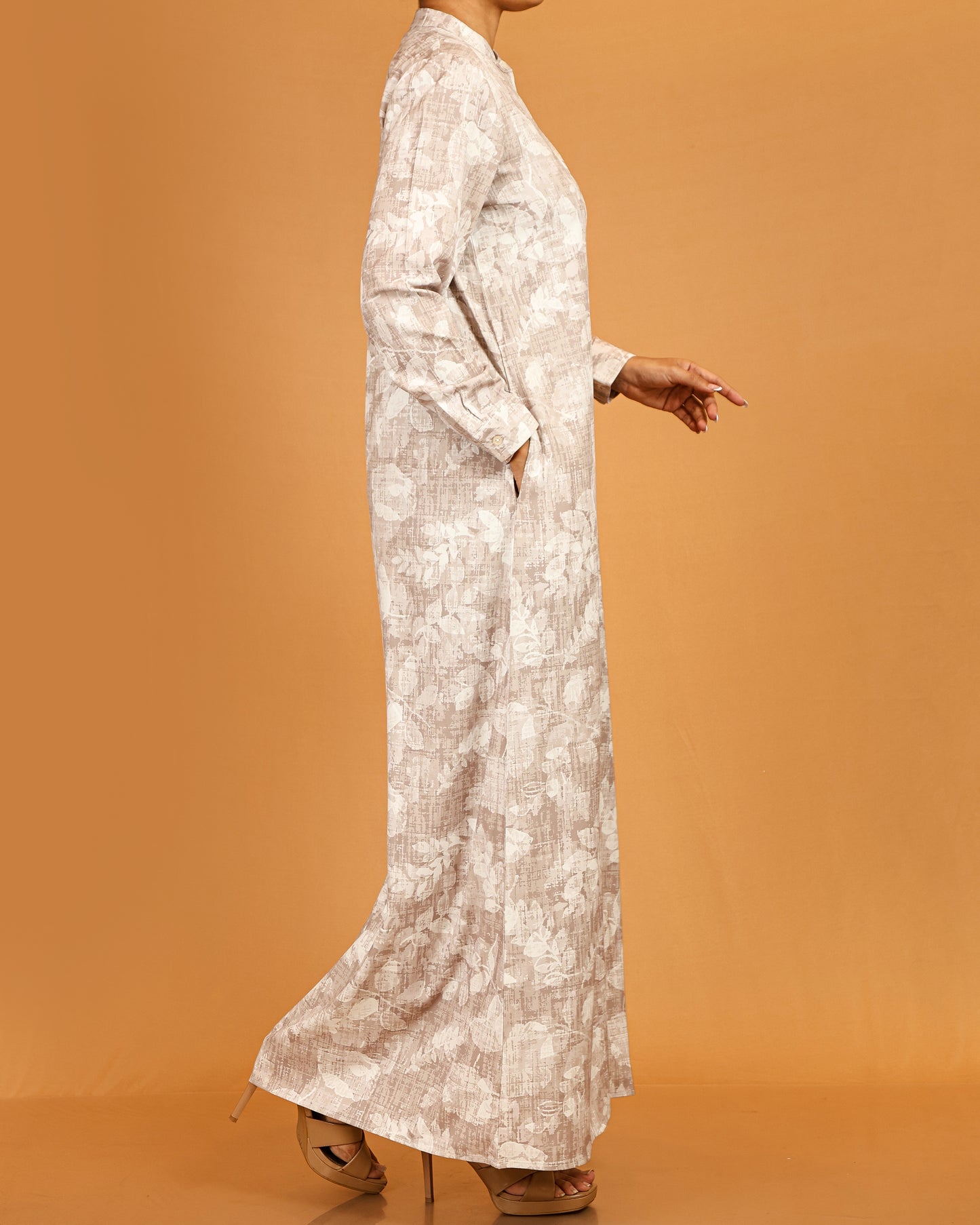 Soft Botanical Button-Down Maxi – Beige