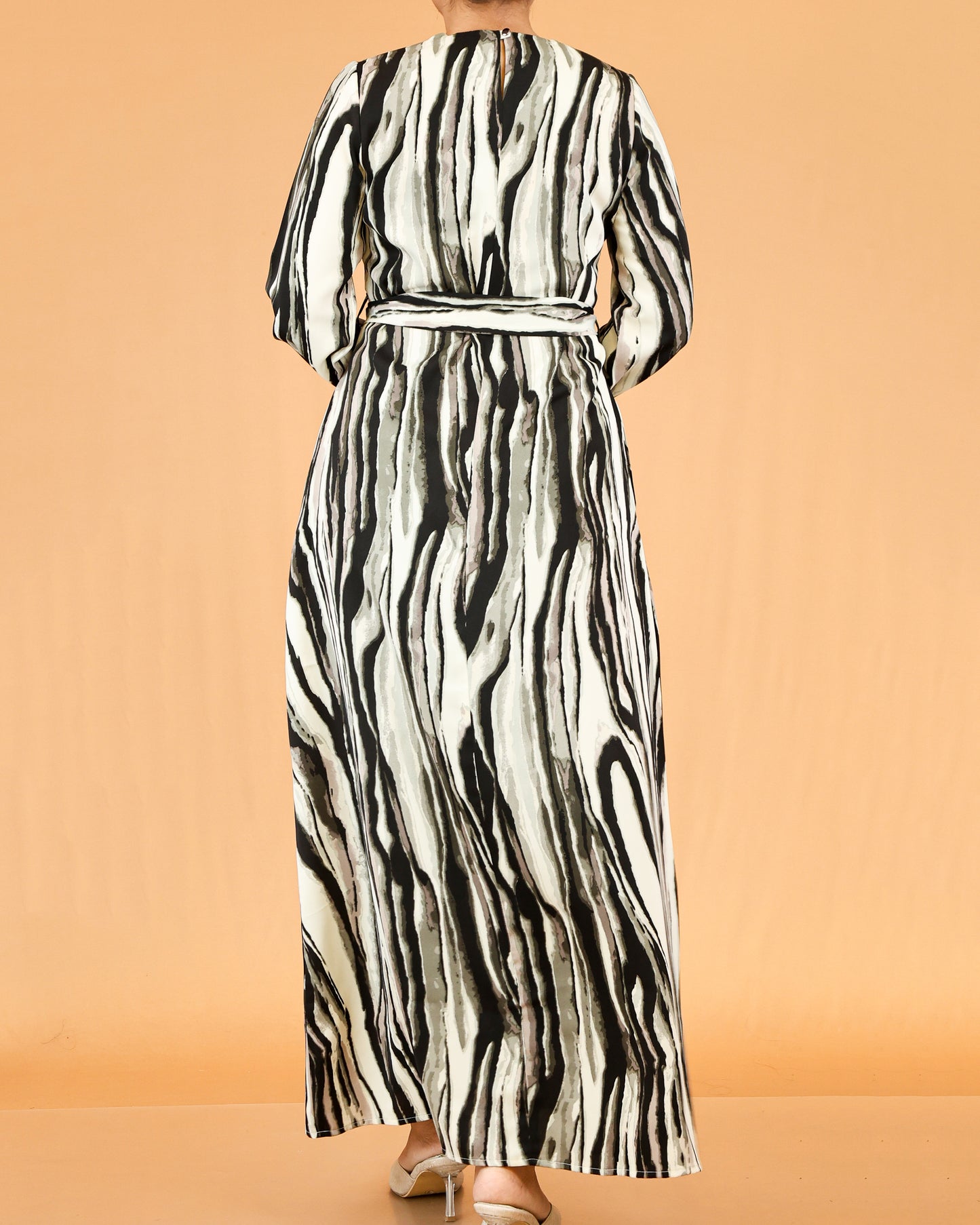 Waist Tie Belt Long Sleeve Neutral Zebra Print Maxi Dress