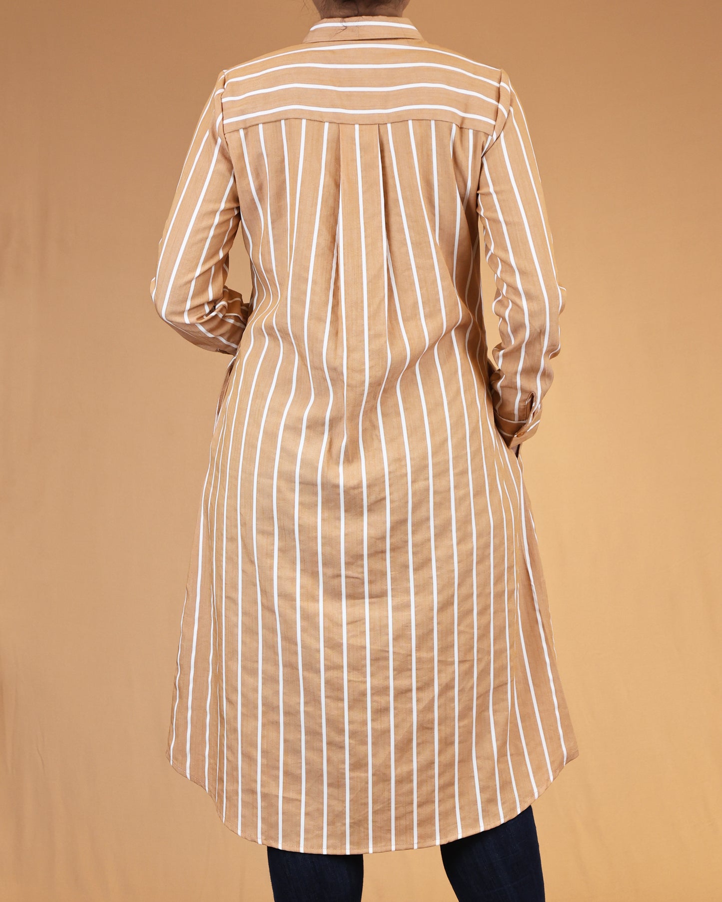 Warm Sand Striped Shirt Dress with Classic Collar