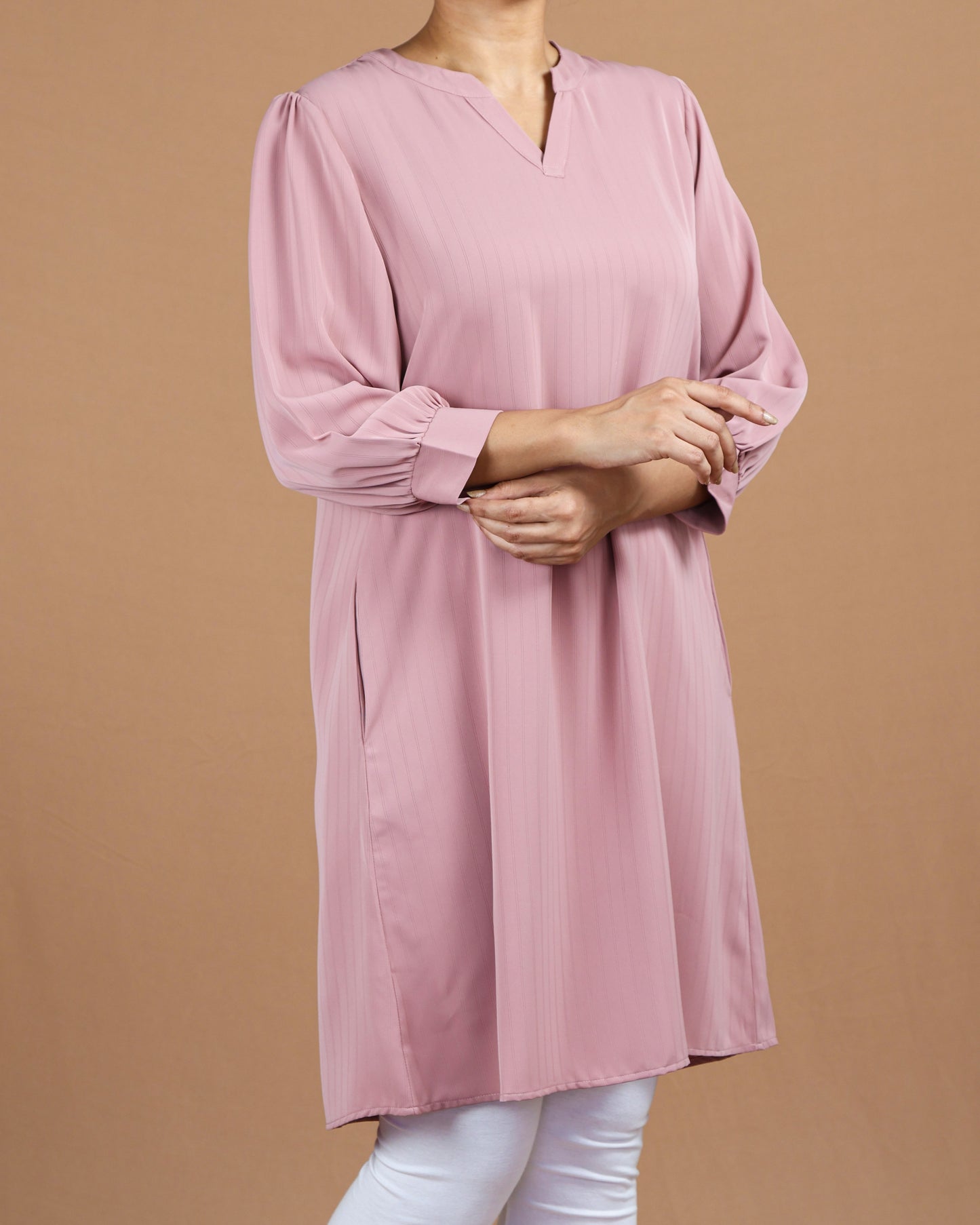 V-Neck Knee-Length Top – Soft Polyester Elegance
