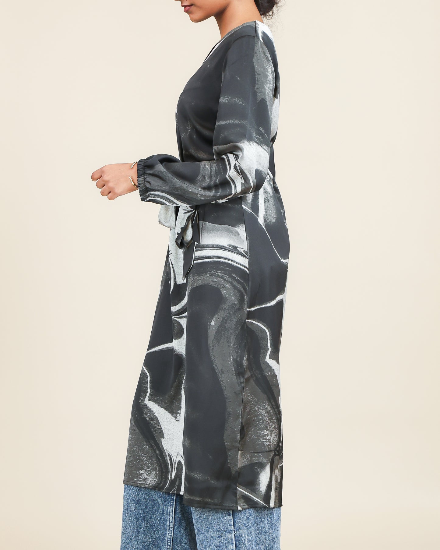 Monochrome Marble Flow Belted Top