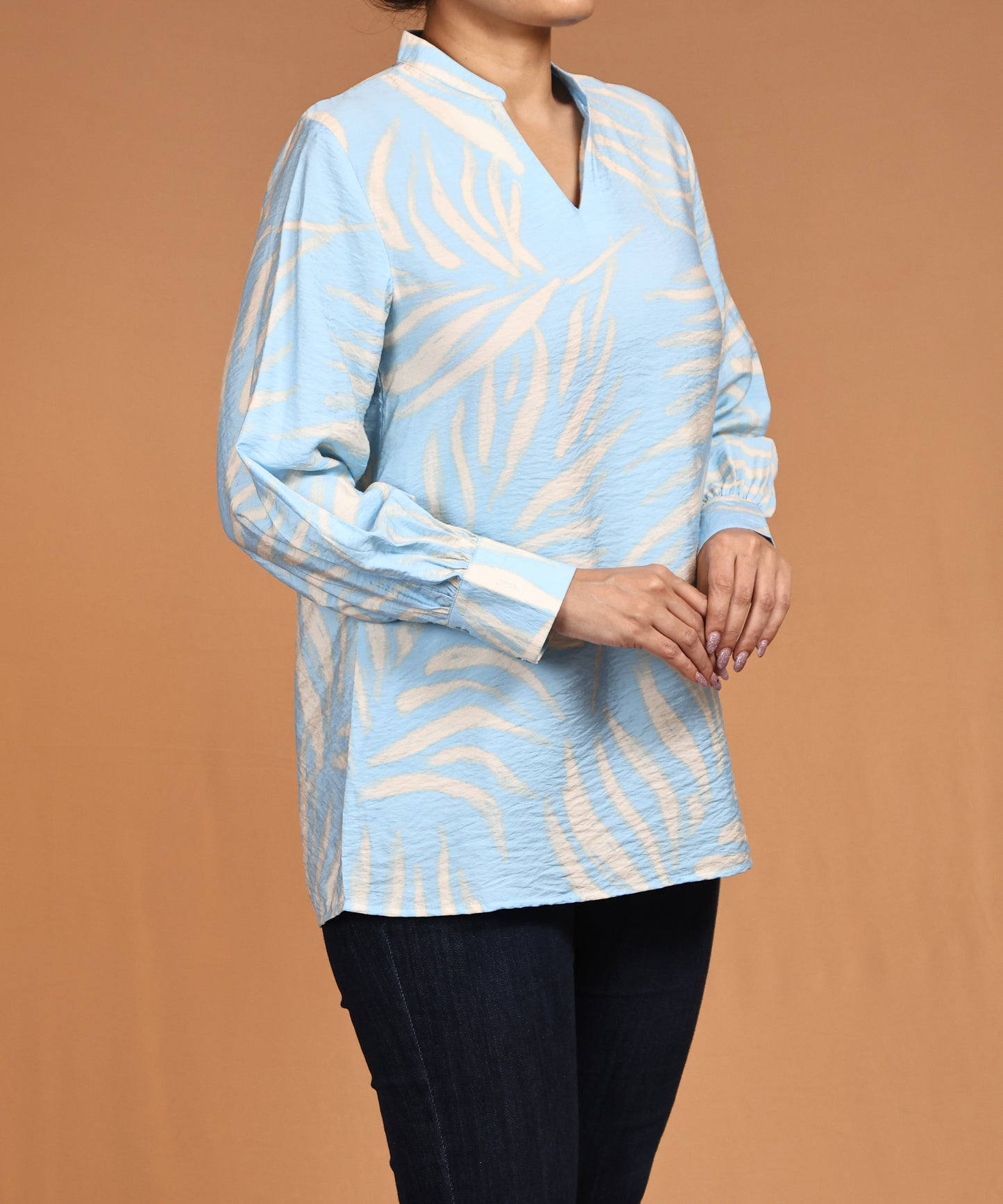 Sky Blue Textured Print Long Sleeve Top