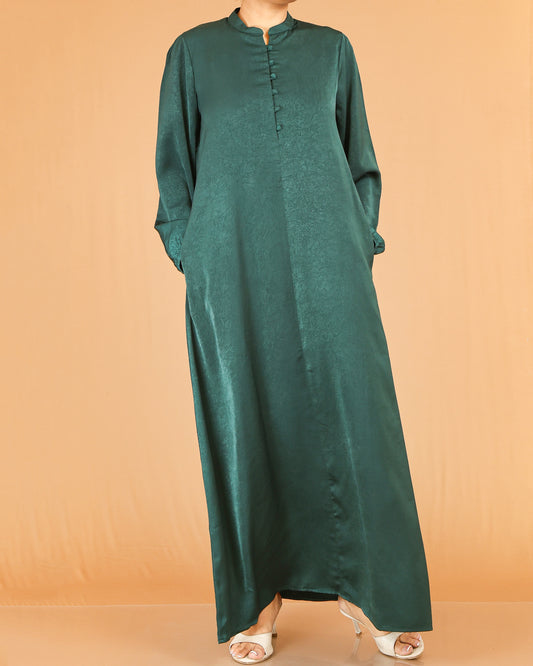 Emerald Green Mandarin Collar Abaya with Button Placket Detail