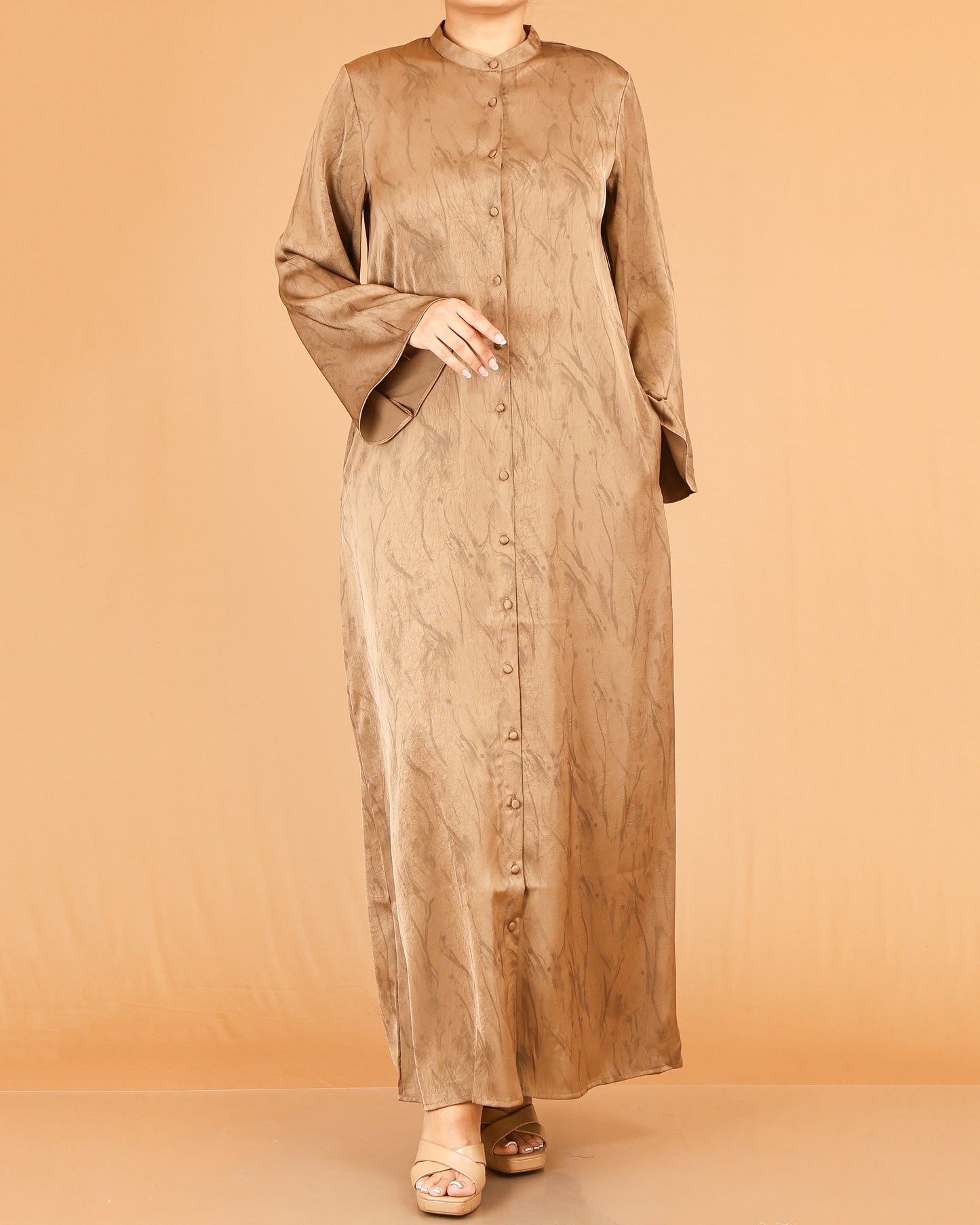 Brown Marble Print Abaya Maxi with Front Button Detail